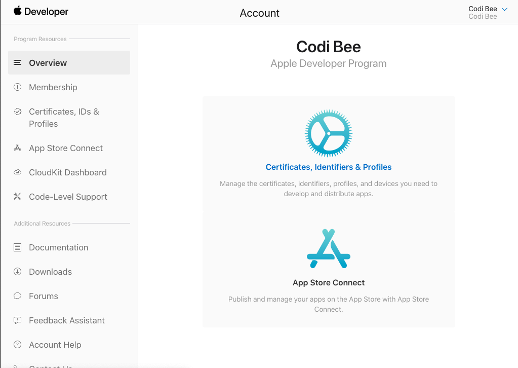 Apple 开发者门户的屏幕截图，其中突出显示了证书、标识符和配置文件
